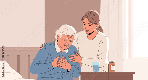 Caring Hand Comforts Elder Experiencing Chest Pain By Bedside