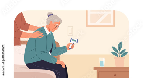 Caring Hand Assists Elderly Woman Checking Temperature