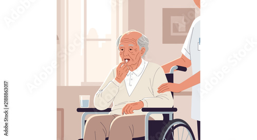 Caring Hands Assist Elderly Man Taking Medication in Wheelchair