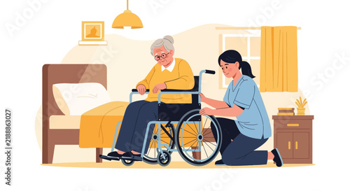 Caring Hands Assist Elderly Patient In Wheelchair At Home