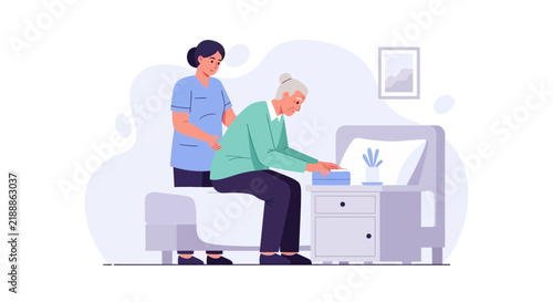 Caring Hands Assist Elderly Senior Patient In Cozy Room