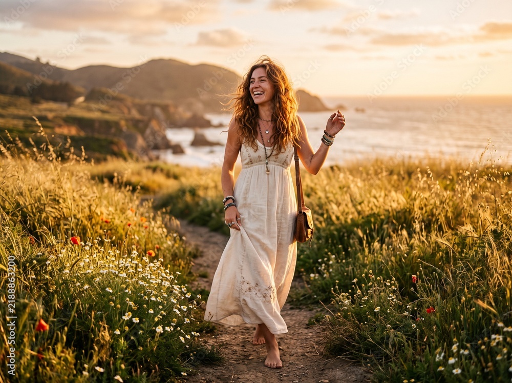 Obraz premium Happy young woman walking through a field of wildflowers during a beautiful golden sunset.