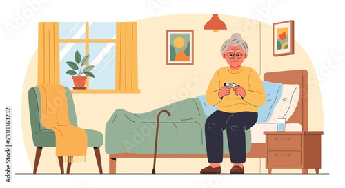 Elderly Woman Checks Temperature In Cozy Bedroom Setting