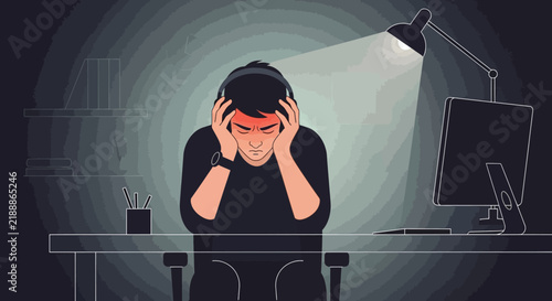 Overwhelmed Young Man With Headphones Experiencing Stress Or Burnout At Desk