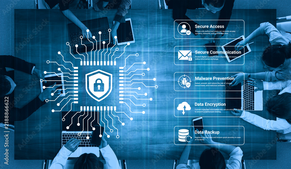 Obraz premium An overhead view of a modern workspace focusing on digital security. The image features a shield symbol surrounded by technology elements, emphasizing the importance of cyber protection. Nascent