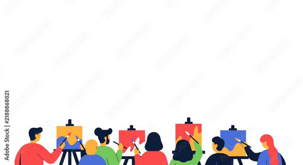 Fototapeta premium Art Class Illustration Diverse people painting at easels creative workshop learning art colorful hobby