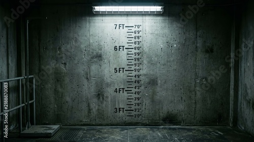 Gritty Prison Cell Height Chart Wall Under Harsh Lighting.