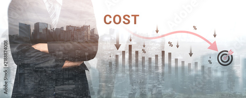 Canvastavla Businessman Overlays Cityscape with Financial Graph Representing Cost Reduction and Growth Strategy for Modern Corporate Success