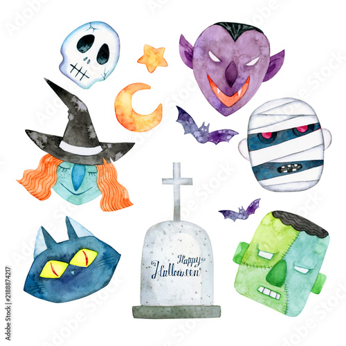 Plakat ハロウィン 色々なモンスター 怪物 セット 水彩 イラスト
