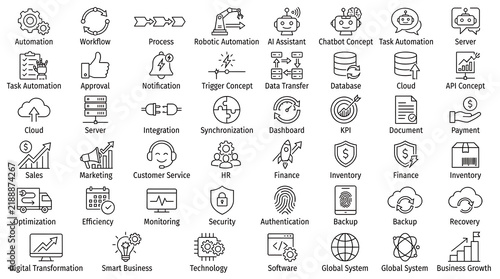 Artificial intelligence line icon set displays concepts of machine learning, data transfer, and smart tech.