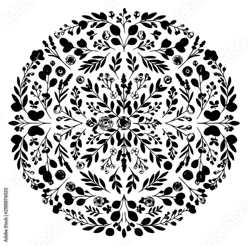 Symmetrical floral wreath pattern arranged in a circular set with simple line art design featuring outline, illustration, graphic elements with clean design and vector art