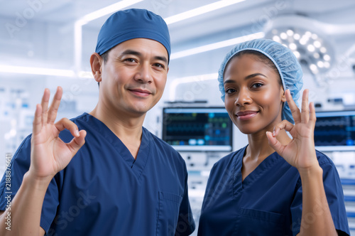 Diverse surgical team smiling and showing OK sign in an operating room. Male and female doctors in blue scrubs and caps. Successful surgery and healthcare concept