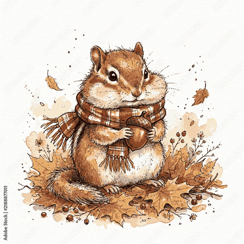 Obraz premium A cute fluffy chipmunk wearing a plaid scarf and holding an acorn among autumn leaves with surrounded fallen maple leaves illustration