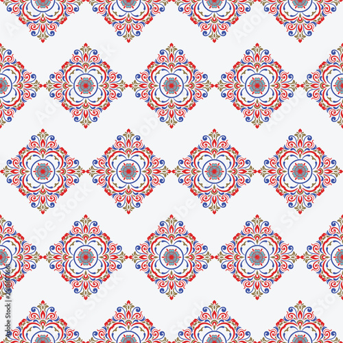 Elegant Red and Blue Thai Silk Geometric Flower Pattern, Traditional Thai Floral Textile Design for Background, Fabric, Wallpaper, Decorative Surface and Print