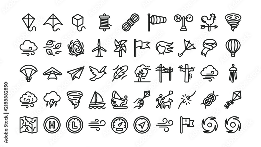 Obraz premium Collection of minimalist line icons depicting various weather conditions and outdoor activities with transparent background