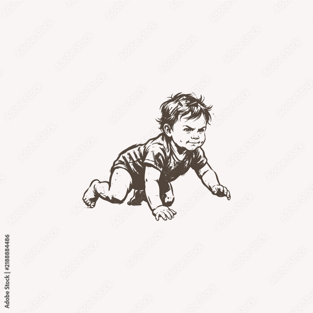 Fototapeta premium Minimalist Ink Sketch of a Determined Baby Crawling