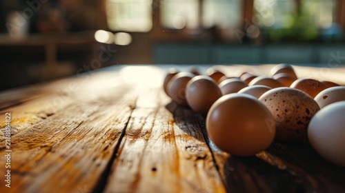 empty table top with blur background of laying hen farm and egg, Advertisement, Print media, Illustration, Banner, for website, copy space, for word, template, presentation