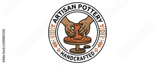 Hands shaping clay on pottery wheel, artisan crafted logo
