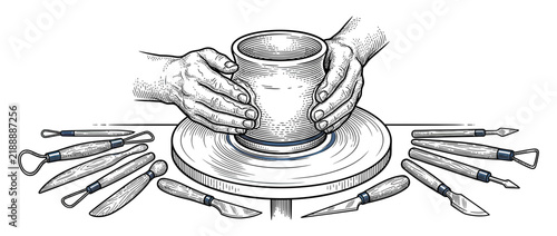 Hands sculpting clay pot on pottery wheel with tools
