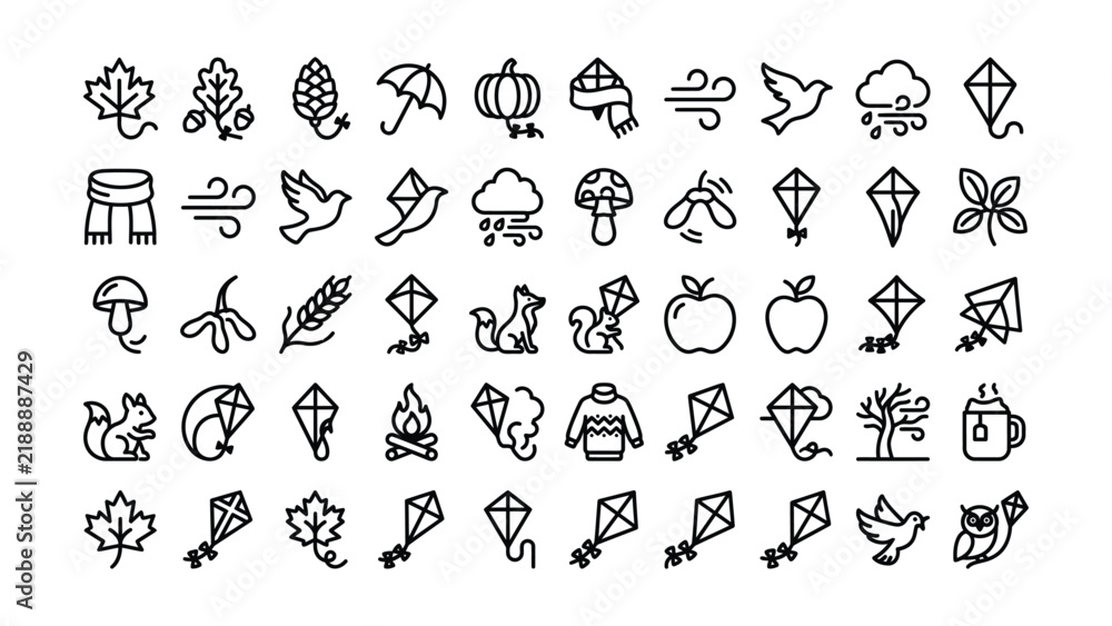 Obraz premium Collection of Minimalist Line Art Icons Featuring Nature Autumn Elements Weather Activities and Symbols on Transparent Background