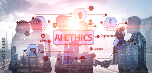 фотографія Business professionals engage in a meaningful dialogue on AI ethics, featuring key concepts like legality and safety against a modern urban backdrop, reflecting innovation