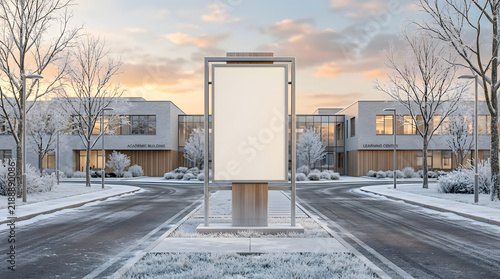 Blank vertical billboard mockup on snowy winter street with modern buildings