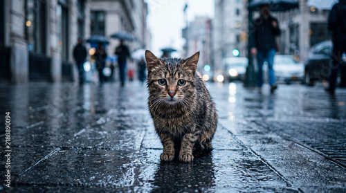 Wet stray cat sitting alone on a rainy city street with pedestrians in the blurred background