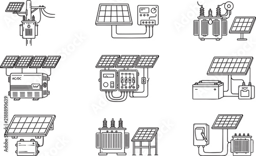 Various electrical and solar power system icons featuring photovoltaic panels, inverters, and battery storage units in line