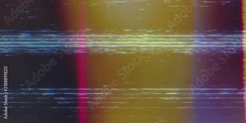Abstract digital glitch and film grain texture with scanlines and light leaks