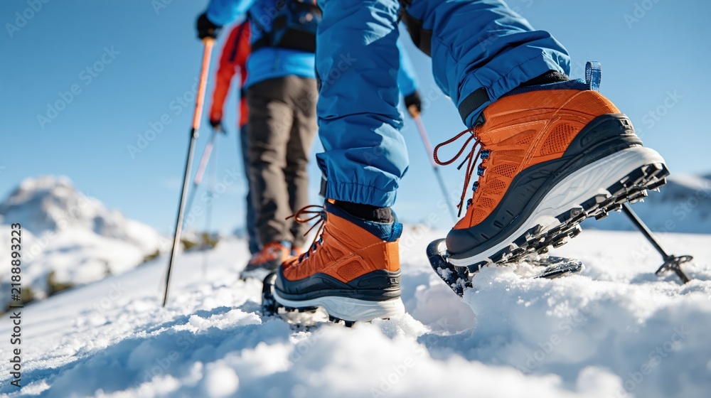 Obraz premium Close-up of hikers' orange snow boots trekking through a snowy mountain landscape on a bright, sunny day.