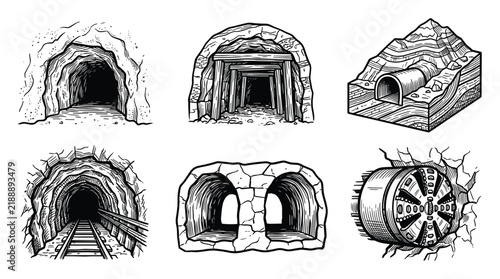 Mining tunnel excavation construction cross section sketch black outline drawings