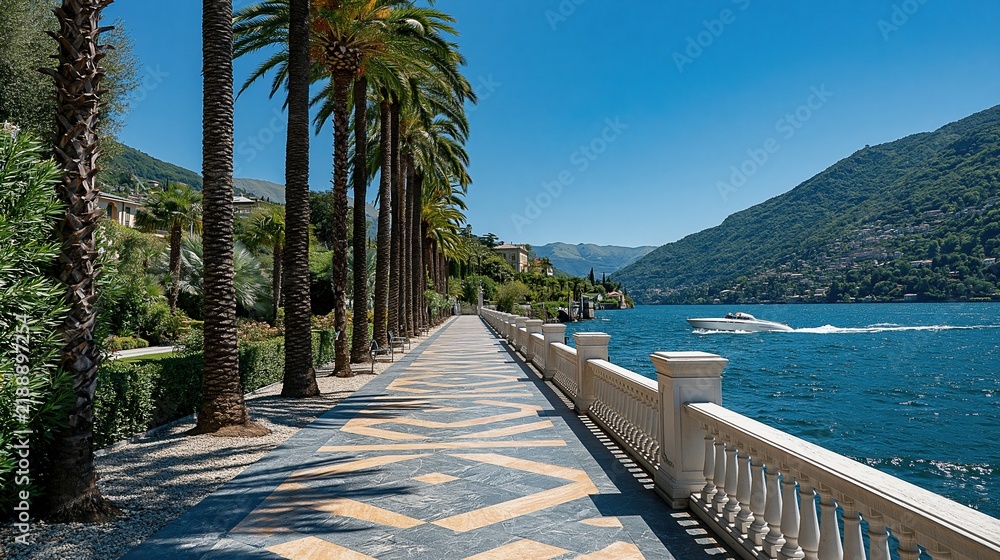 Fototapeta premium Elegant Lakeside Promenade Lined with Palm Trees and Scenic Mountain Views Under a Clear Blue Sky