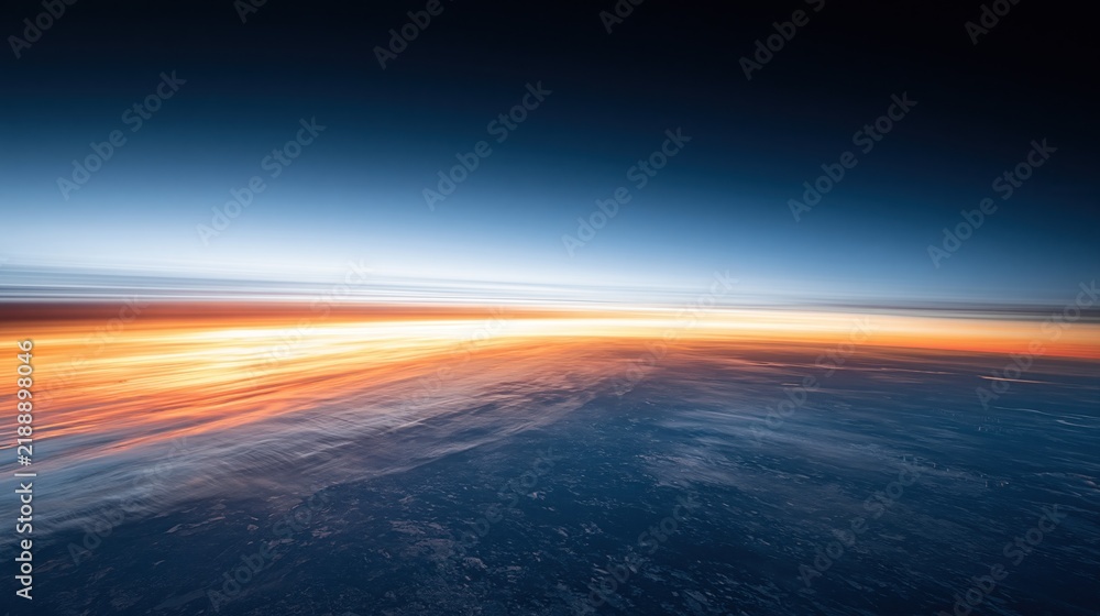 Obraz premium Breathtaking aerial view of Earth's atmosphere at sunrise, showcasing the planet's curve and vibrant sky