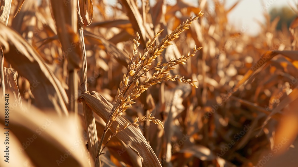 Obraz premium Golden Ripe Corn Field Under Warm Sunlight, Agricultural Harvest and Food Production