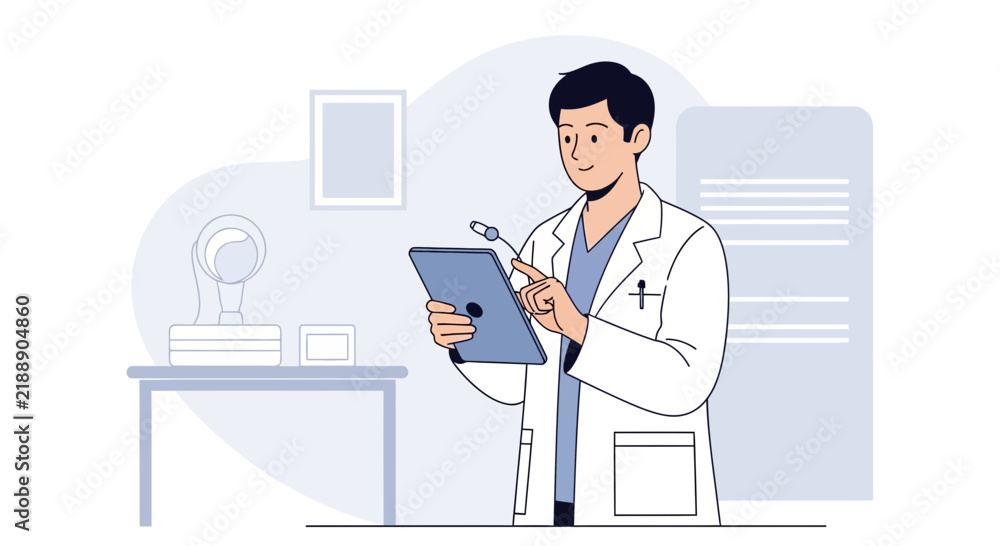 Fototapeta premium Doctor using tablet in clinic, modern medical illustration