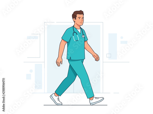 Male Healthcare Professional Walking Confidently Through Modern Clinic Corridor