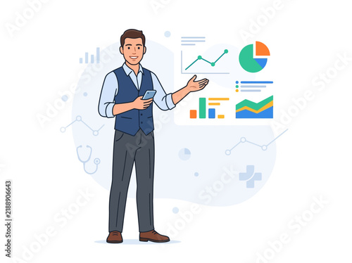 Man Presenting Medical Data And Analytics With Digital Devices And Charts