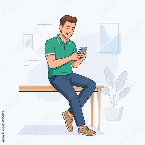 Man Relaxing Indoors Using Mobile Phone Technology