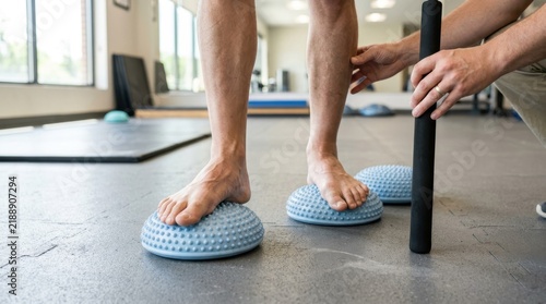 Physical therapist assisting male patient with balance and ankle stability exercises using blue pods