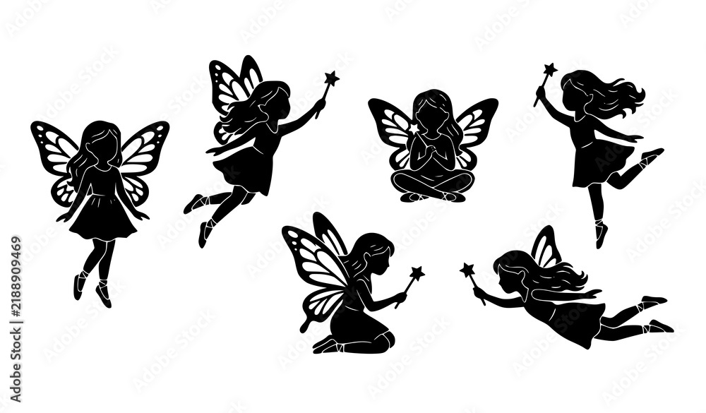 Obraz premium Cute Fairy Silhouette Collection with Magical Wands and Wings