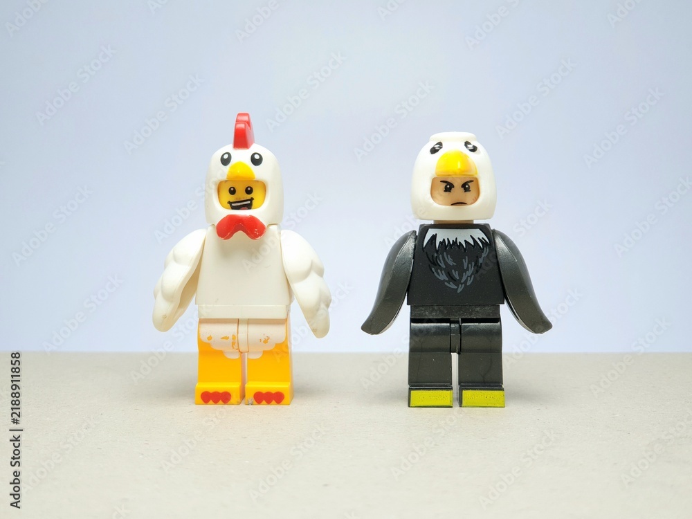 Fototapeta premium Indonesia - June 10, 2025 : Mini toy of action figure at table with blurred background. Miniature diorama photography concept design. Minifigure of white chicken and wild black bird character.