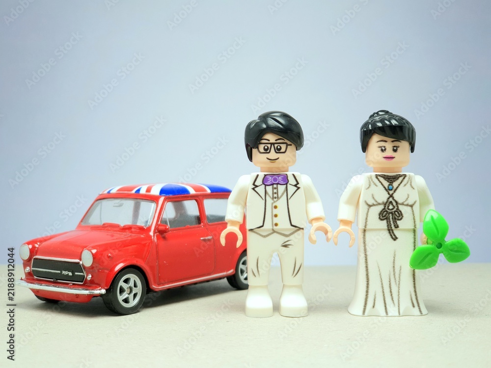 Fototapeta premium Indonesia - November 24, 2023 : Mini toy figure of lego at table with blurred background. Toy photography concept design.