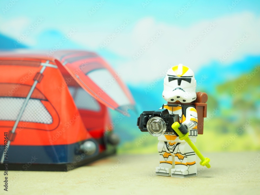Fototapeta premium Indonesia - October 3, 2023 : Mini toy of action figure at table with blurred background. Travelling concept design.