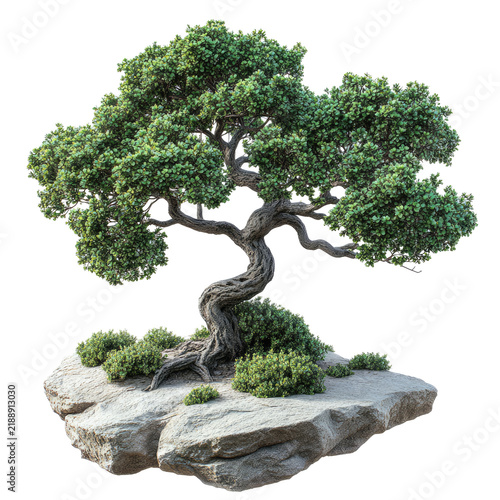 This image features a miniature, stylized tree with a twisted trunk and lush green foliage, planted on a flat, floating rock surface