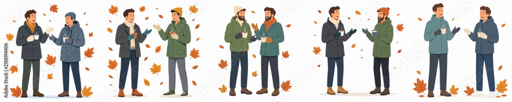Fototapeta premium Vector illustration of two men standing, drinking hot coffee, and chatting during autumn