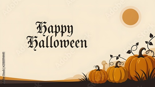 Minimalist Happy Halloween Greeting Card With Three Orange Pumpkins And Pale Moon
