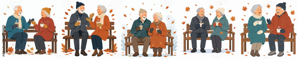 Fototapeta premium vector of a old couple sitting on a park bench drinking warm coffee and chatting in autumn