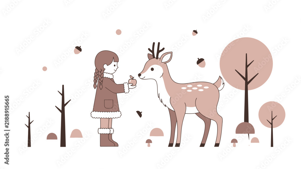 Fototapeta premium Cute Girl Feeding Deer in a Winter Forest Cartoon Style Gentle Colors Childrens Illustration