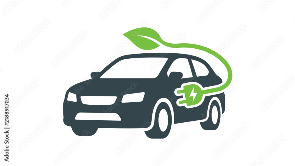 Fototapeta premium Electric vehicle vector illustration featuring a modern car silhouette with a green leaf charging plug
