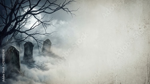 Spooky Halloween Graveyard Background with Moonlit Foggy Cemetery, Tombstones and Gnarled Branches, Minimalist Corner Banner Composition with Large Copy Space for Poster Design